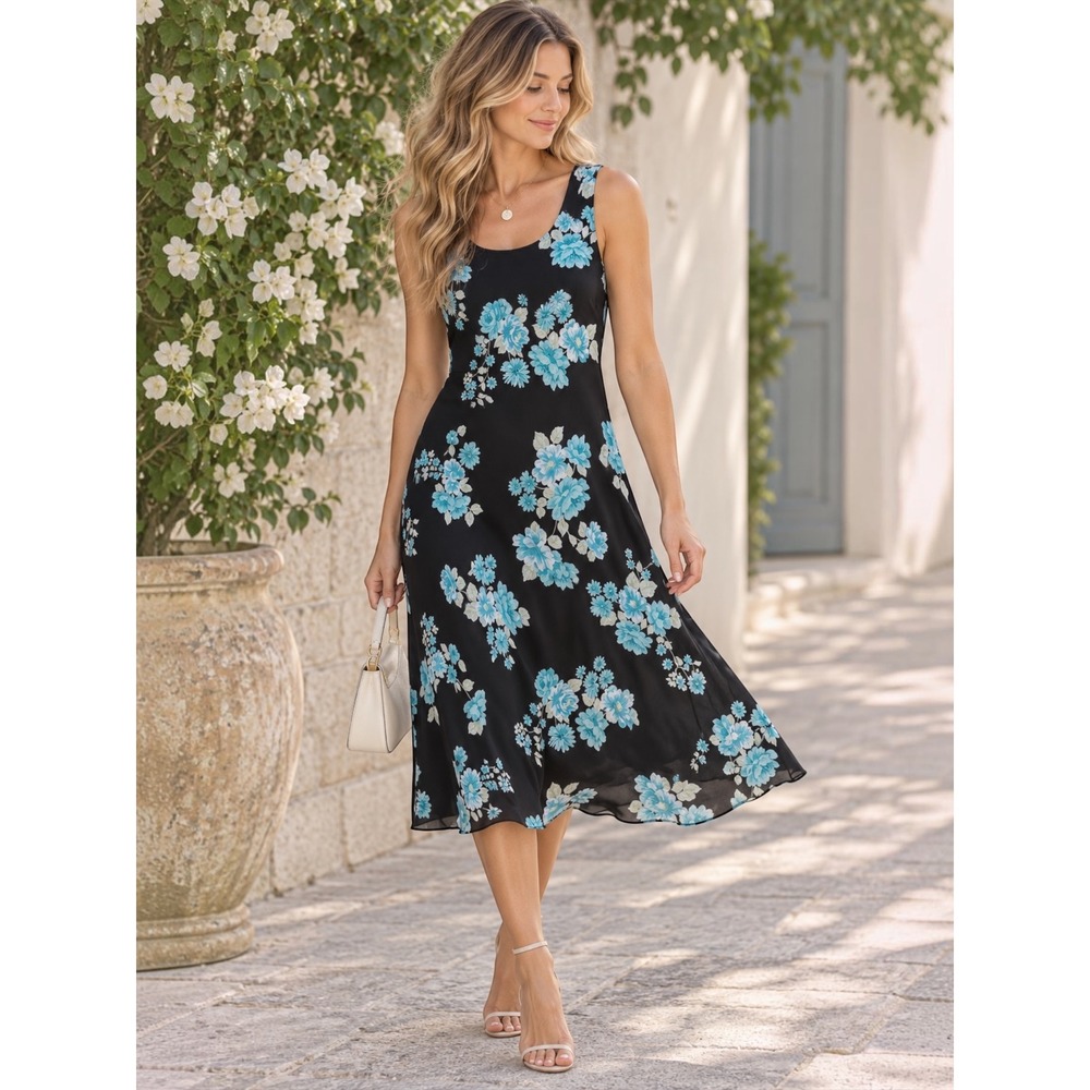 Y2K Black Blue Floral Sleeveless Midi Dress 14P Ethereal Wedding Guest Phoebe‎